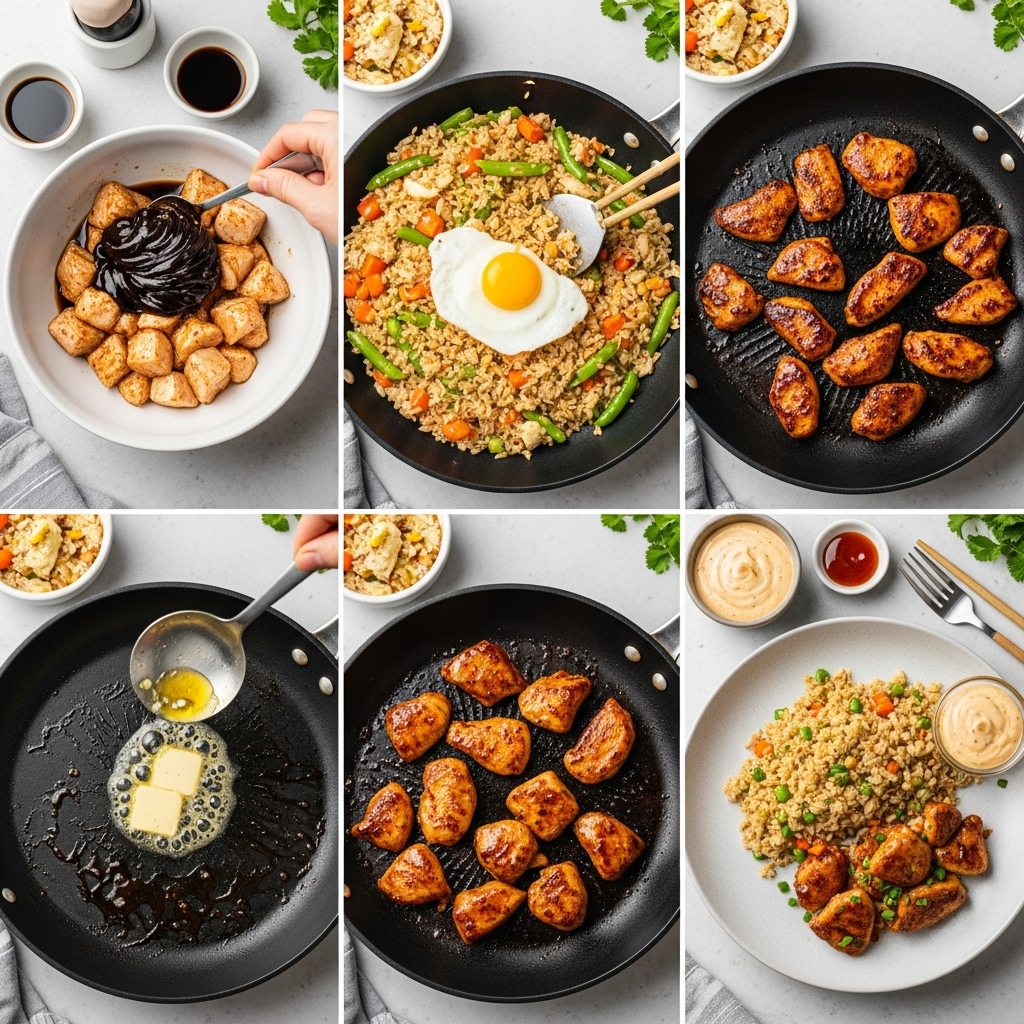 Collage-style overhead image showing each major step of a hibachi chicken recipe: marinating, making fried rice, searing, glazing, and plating with sauce.