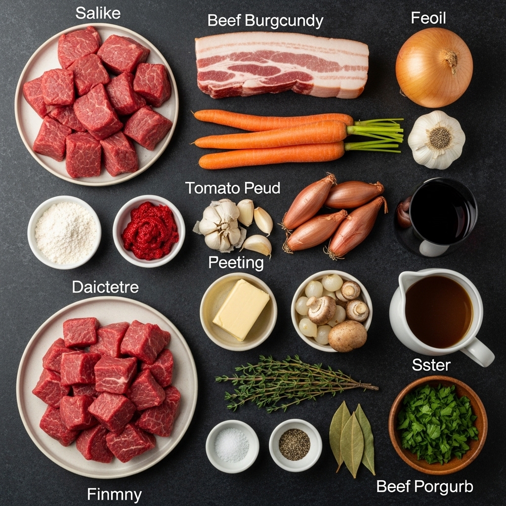Flat-lay of raw ingredients for beef burgundy including beef cubes, bacon, carrots, onions, mushrooms, pearl onions, tomato paste, flour, butter, herbs, red wine, and beef stock on a dark surface.