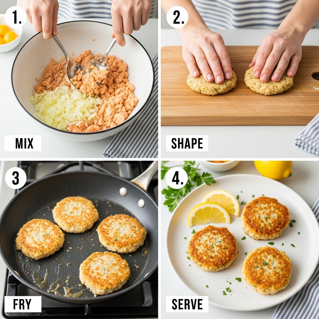 A step-by-step image showing how to make Old Fashioned Salmon Patties: mixing ingredients, forming patties, frying in a skillet, and serving the crispy golden results.