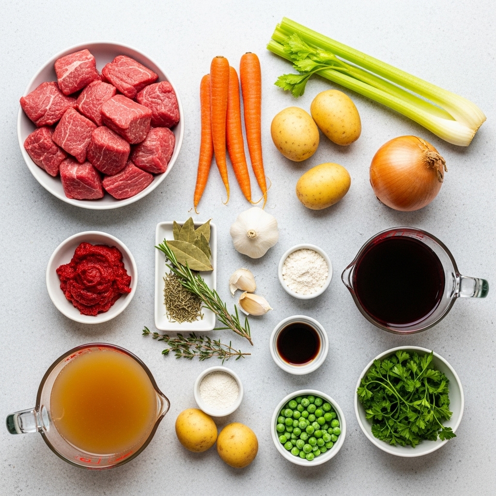 Overhead view of ingredients for an easy beef stew recipe, including cubed beef, carrots, potatoes, celery, onion, garlic, tomato paste, herbs, peas, broth, wine, flour, and seasonings arranged neatly on a countertop