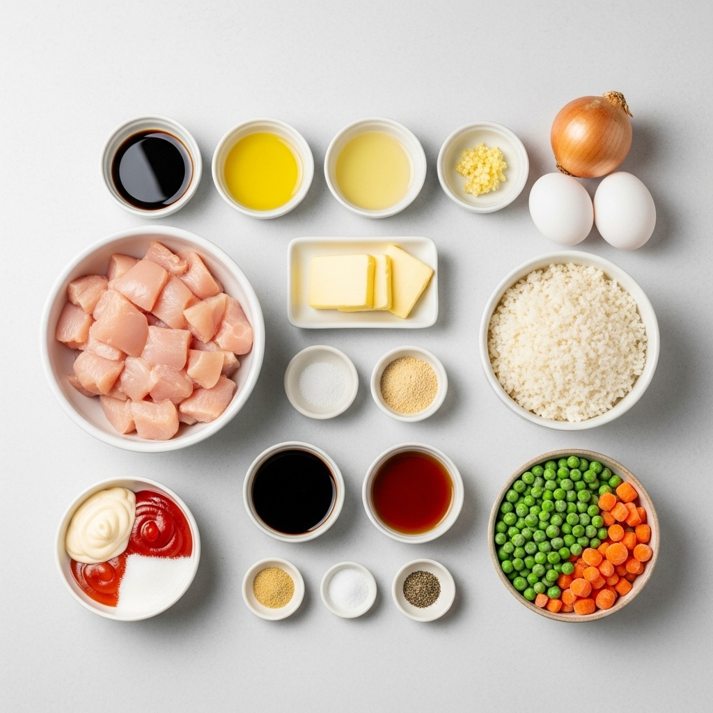 Overhead view of all ingredients for a hibachi chicken recipe, including cubed chicken, sauces, butter, aromatics, rice, vegetables, eggs, and mayo sauce components.