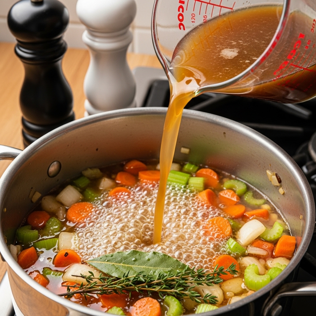 Pouring turkey or chicken broth over sautéed vegetables, adding thyme, rosemary, and bay leaf for the Best Turkey Soup Recipe.