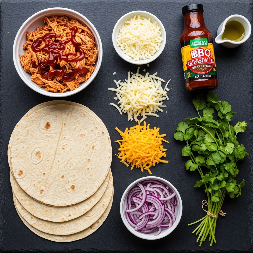 Ingredients for BBQ Chicken Quesadillas: shredded chicken, BBQ sauce, tortillas, cheese, and red onion.