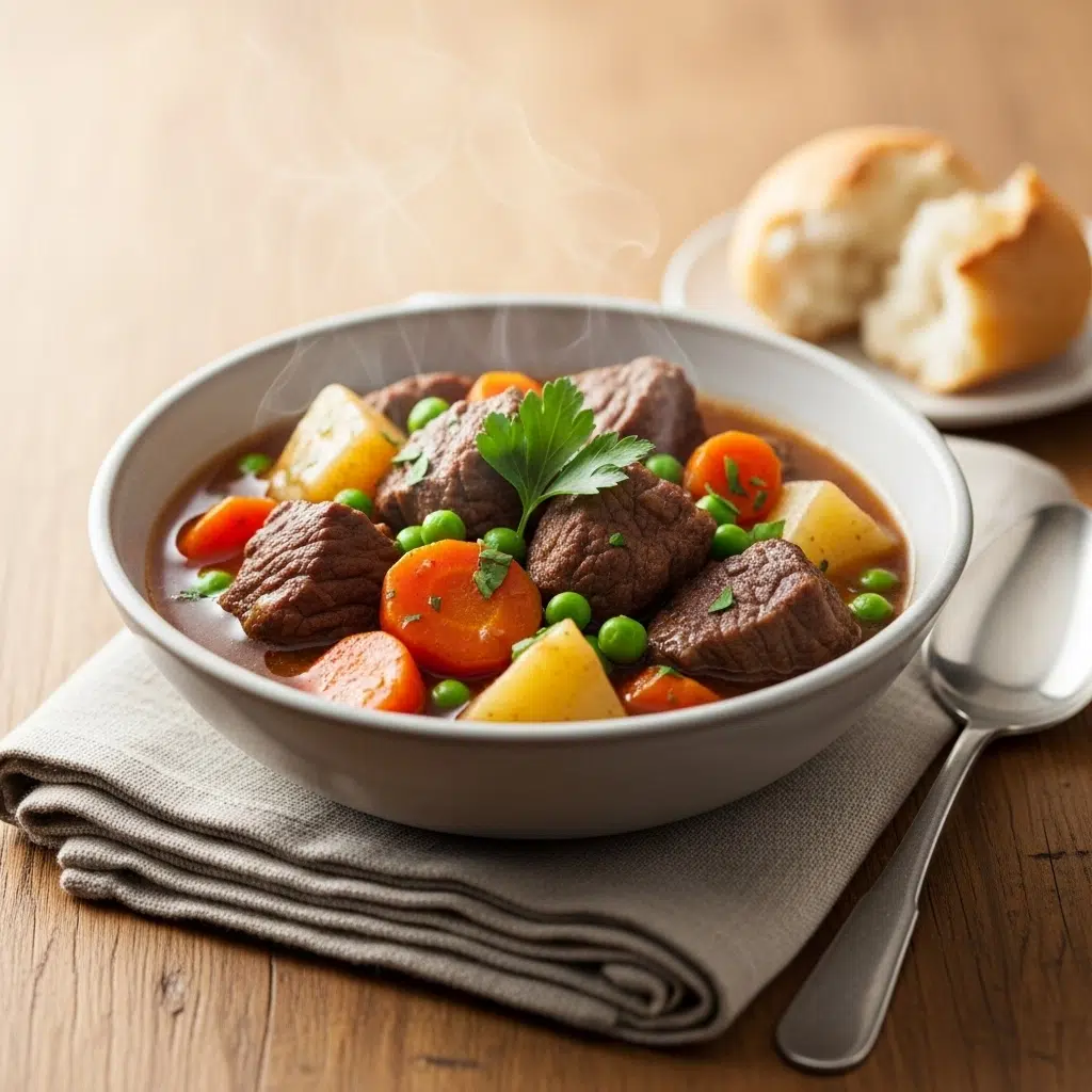 A bowl of easy beef stew with tender beef, carrots, potatoes, peas, and a thick, rich brown gravy, garnished with fresh parsley on a rustic wooden table.