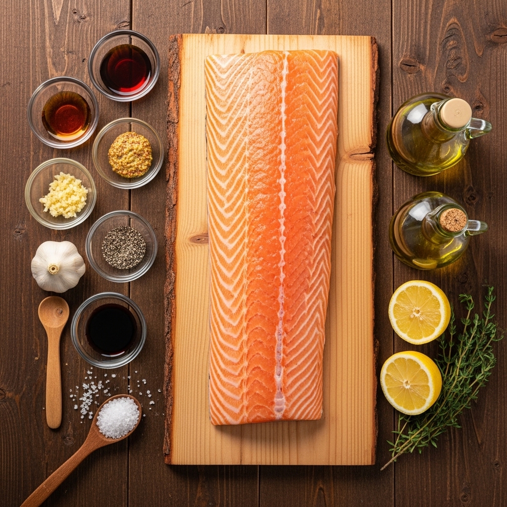 Cedar plank salmon recipe ingredients including fresh salmon fillet, maple syrup, Dijon mustard, and cedar grilling plank arranged on wooden table