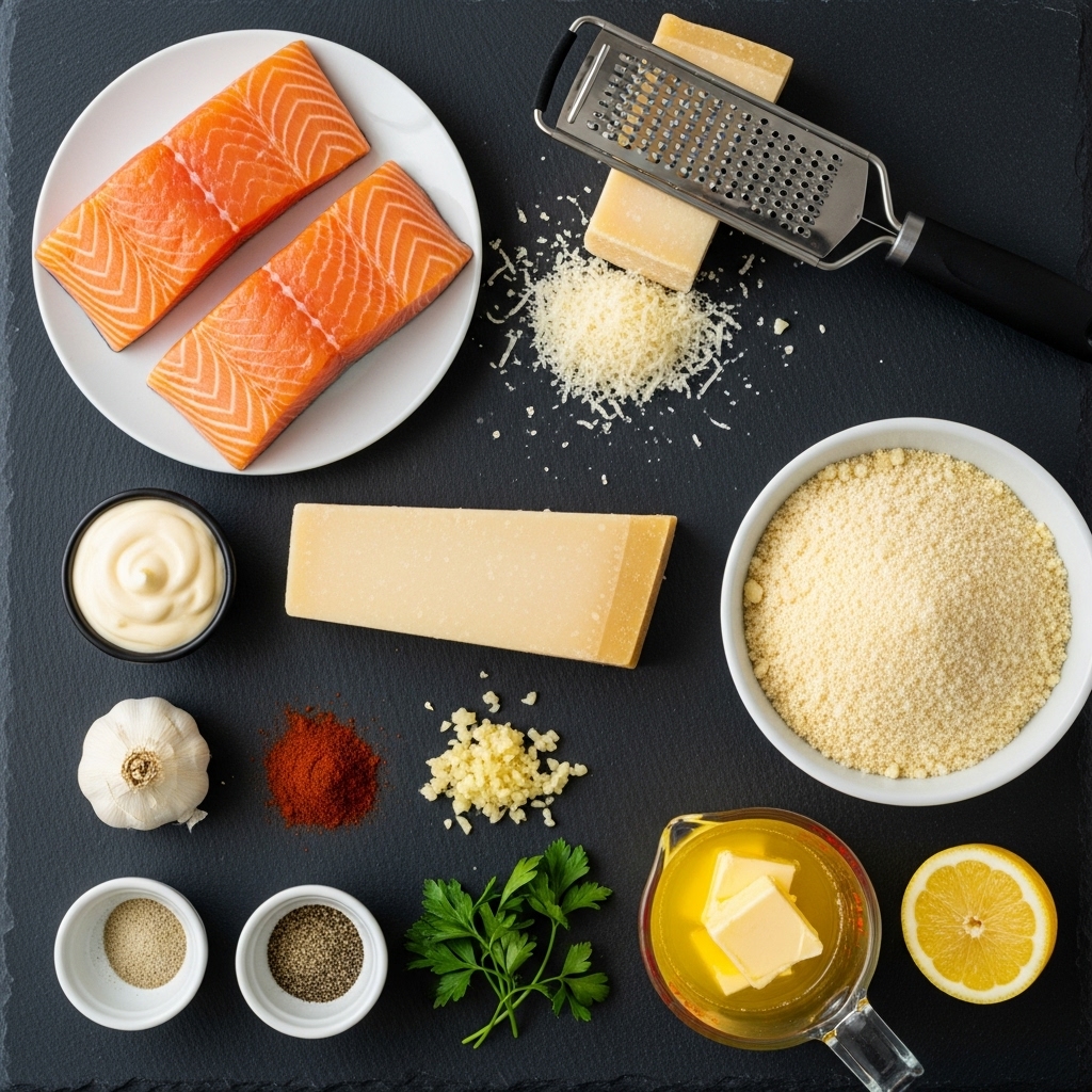 Ingredients for Crispy Parmesan Salmon: salmon, Parmesan cheese, Panko, mayonnaise, and spices.
