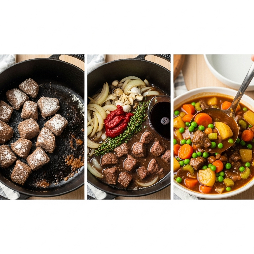 A three-panel image showing the process of making an easy beef stew recipe: browning floured beef in a Dutch oven, building the flavor base with onions, garlic, tomato paste, wine, and broth, and finally simmering a thick stew with vegetables before serving