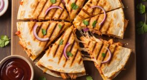 A sliced BBQ Chicken Quesadilla with melted cheese and pulled chicken, resting on a wooden cutting board.