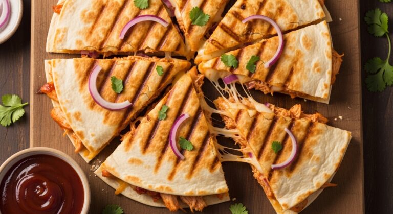 A sliced BBQ Chicken Quesadilla with melted cheese and pulled chicken, resting on a wooden cutting board.