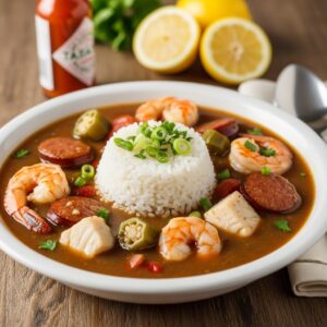 A close-up bowl of seafood gumbo with shrimp, fish, sausage, rice, and okra in a rich brown broth, garnished with green onions and parsley on a rustic table.