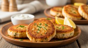 A close-up of crispy Old Fashioned Salmon Patties served on a rustic plate with lemon wedges and tartar sauce, showing their golden, flaky texture.