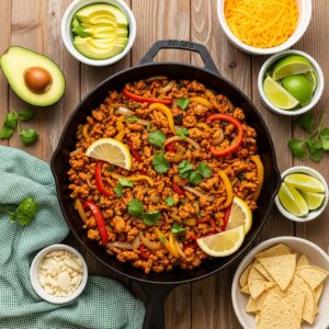Overhead view of a sizzling ground chicken skillet with peppers, onions, and herbs, styled with toppings and sides to showcase easy ground chicken recipes for weeknight dinners.