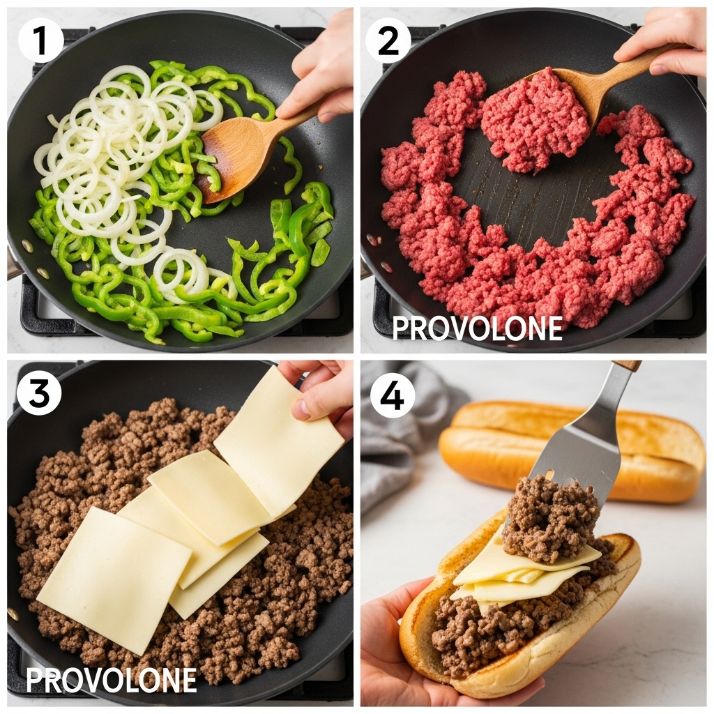 A four-step visual guide showing how to make Ground Beef Philly Cheesesteaks: sautéing veggies, browning beef, melting cheese, and assembling the sandwich.