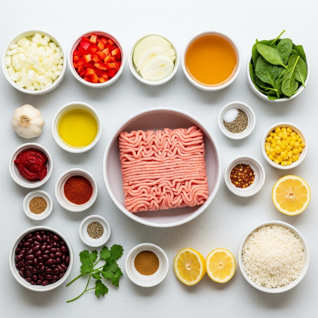 Flat lay of raw ground chicken and neatly organized vegetables, spices, broth, and herbs, showing all the core ingredients needed for flexible ground chicken recipes.