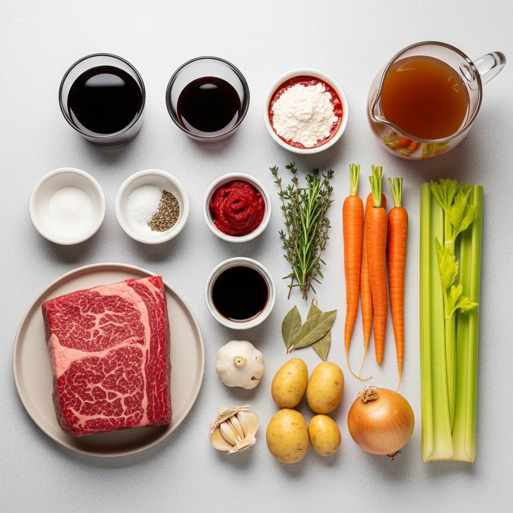 Overhead shot of all the ingredients for a Beef Pot Roast Recipe: chuck roast, vegetables, herbs, broth, wine, and seasonings on a light background.