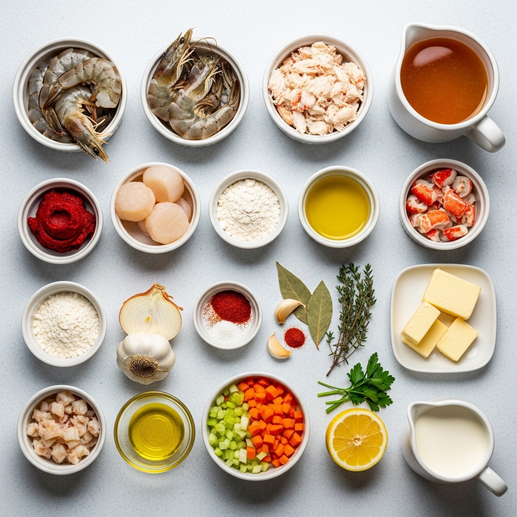 Overhead view of neatly arranged ingredients for a seafood bisque recipe, including mixed seafood, vegetables, herbs, stock, cream, and seasonings on a light background.