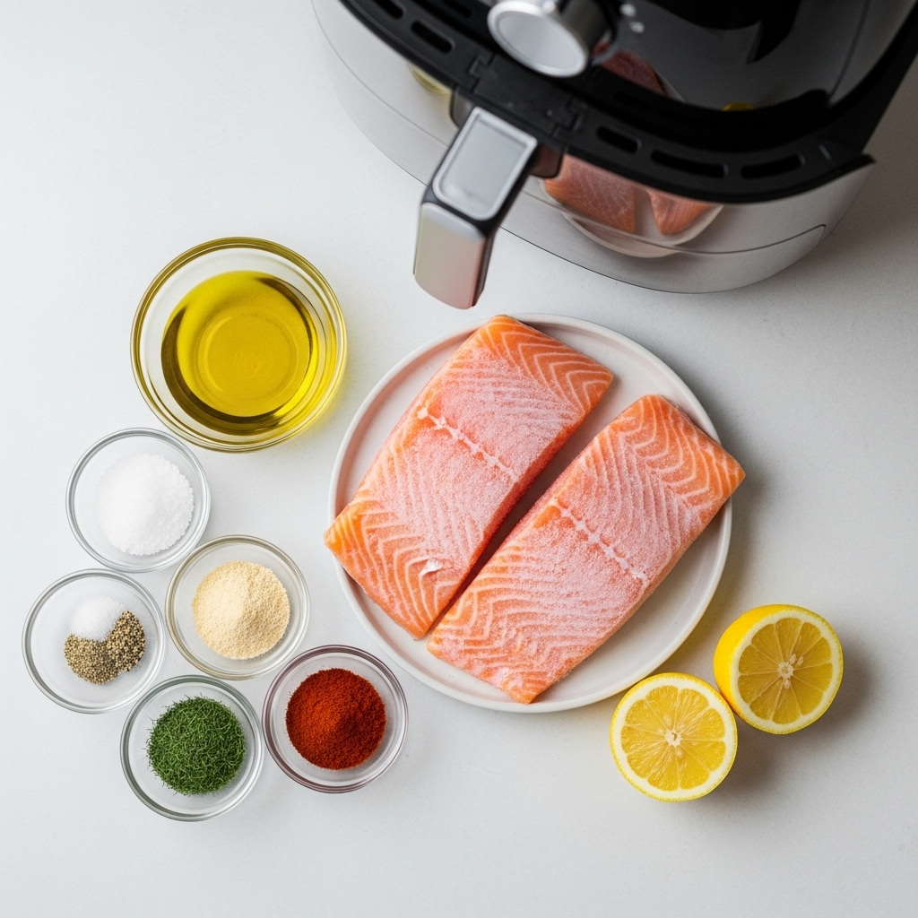 Overhead view of frozen salmon fillets, olive oil, spices, and lemon wedges arranged on a light surface for an air fryer recipe.