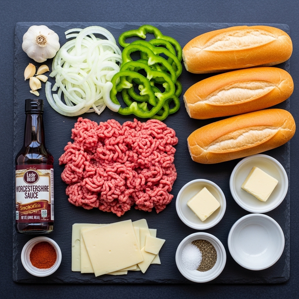 Ingredients for Ground Beef Philly Cheesesteaks: ground beef, peppers, onions, cheese, and hoagie rolls.