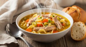Homemade turkey soup in a rustic bowl with vegetables and noodles, served warm for a cozy winter meal.