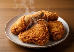 Golden crispy fried chicken on a rustic wooden table, Southern-style, juicy and crunchy, perfect for Best Fried Chicken Recipe blog post.