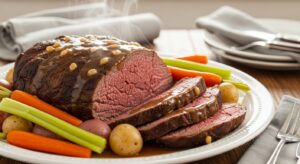 Tender sliced beef pot roast on a platter with rich gravy, carrots, celery, and potatoes, styled on a rustic table for a cozy Sunday dinner.