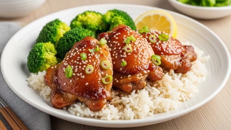 Plated miso glazed chicken thighs over jasmine rice with broccoli, garnished with sesame seeds and green onions for a rich umami dinner.