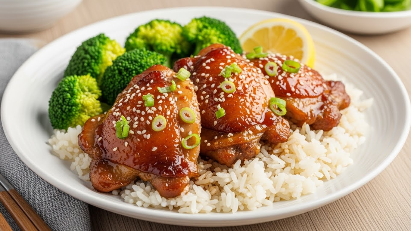 Plated miso glazed chicken thighs over jasmine rice with broccoli, garnished with sesame seeds and green onions for a rich umami dinner.
