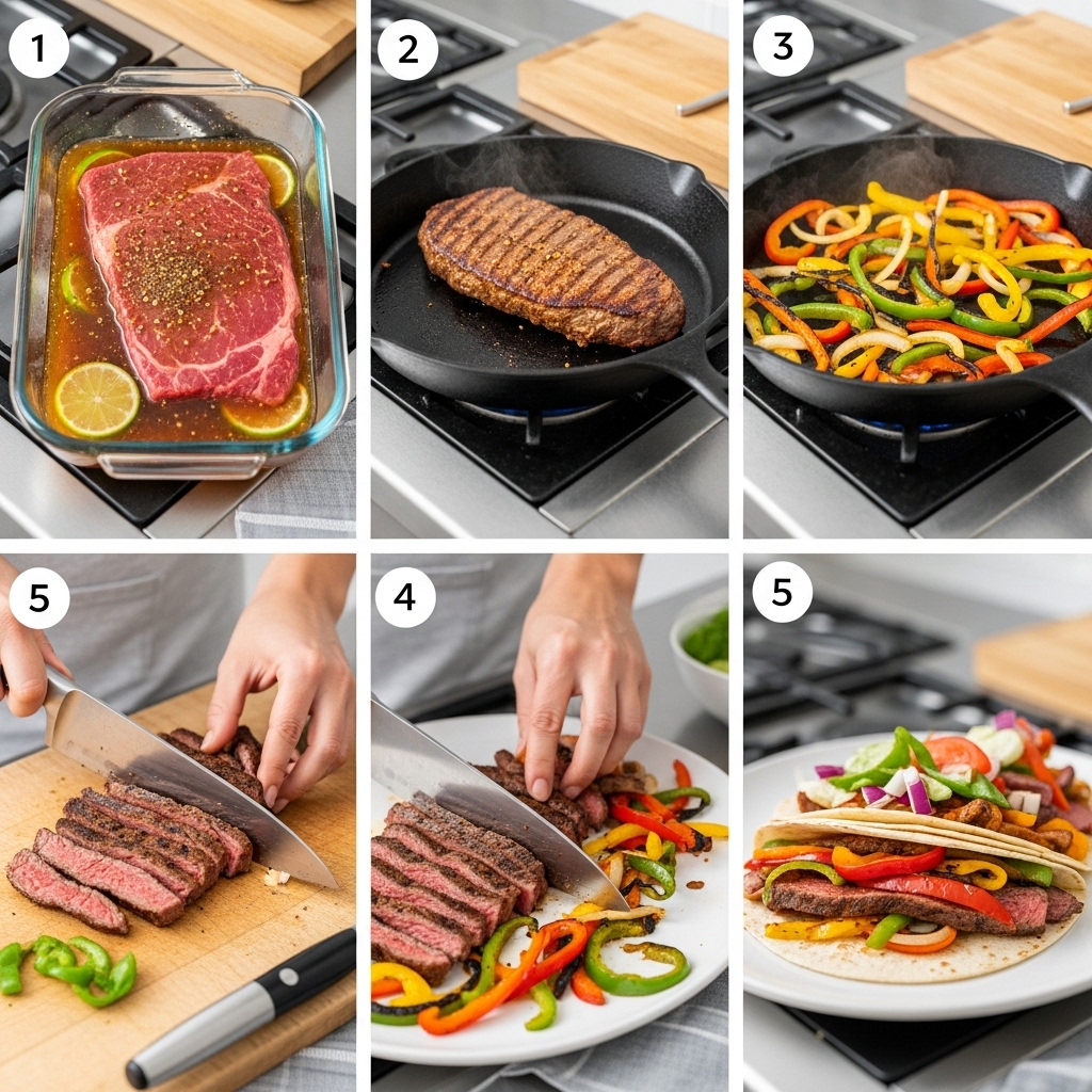 Step by step photo collage showing how to make beef steak fajita recipe from marinating to searing to final assembly
