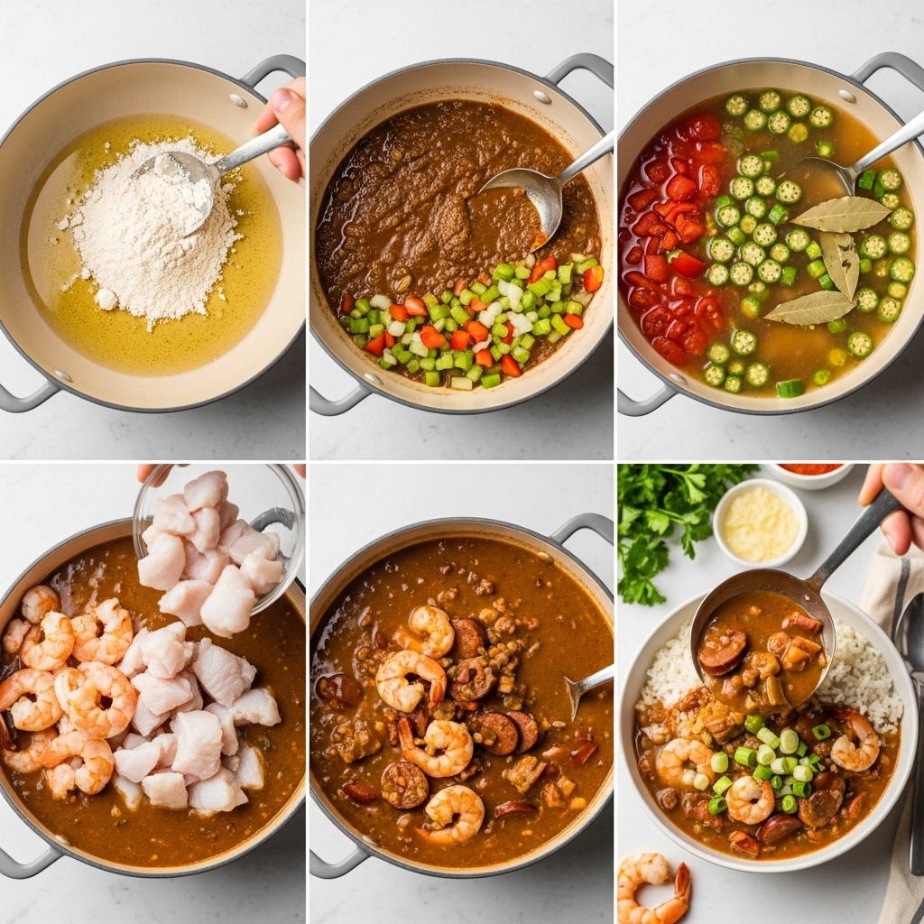 Collage-style overhead image showing each main step of a seafood gumbo recipe: making roux, cooking vegetables, simmering, adding seafood, and serving over rice.