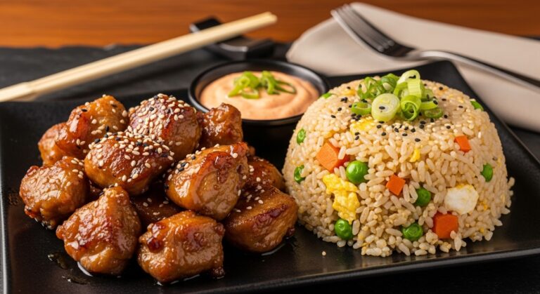 A restaurant-style plate of hibachi chicken recipe with glazed chicken bites, fried rice, and yum yum sauce, garnished with green onions and sesame seeds.