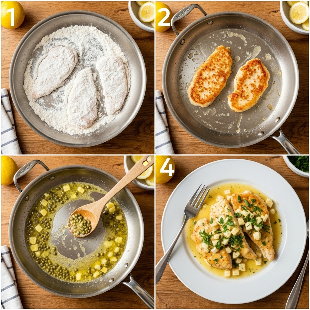 Overhead collage-style image showing four stages of a chicken piccata recipe: dredging chicken, searing in a pan, simmering lemon-caper sauce, and the final plated dish.
