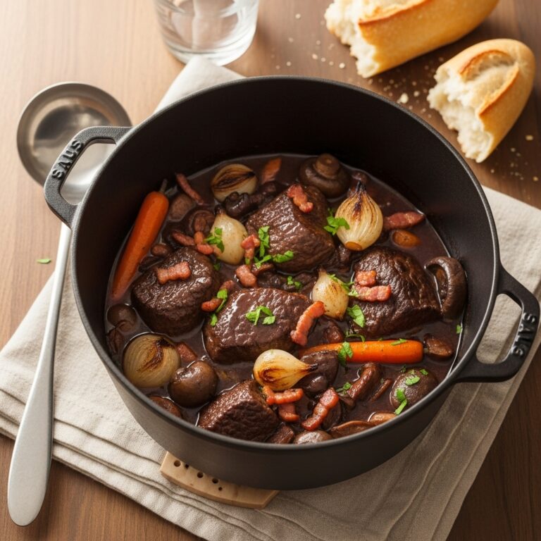Overhead view of a Dutch oven filled with beef burgundy in a rich red wine sauce, with beef chunks, carrots, mushrooms, and pearl onions, garnished with parsley on a wooden table.