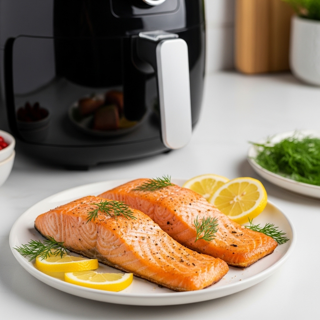 Frozen salmon in air fryer served on a white plate with lemon wedges and dill, next to a black air fryer.