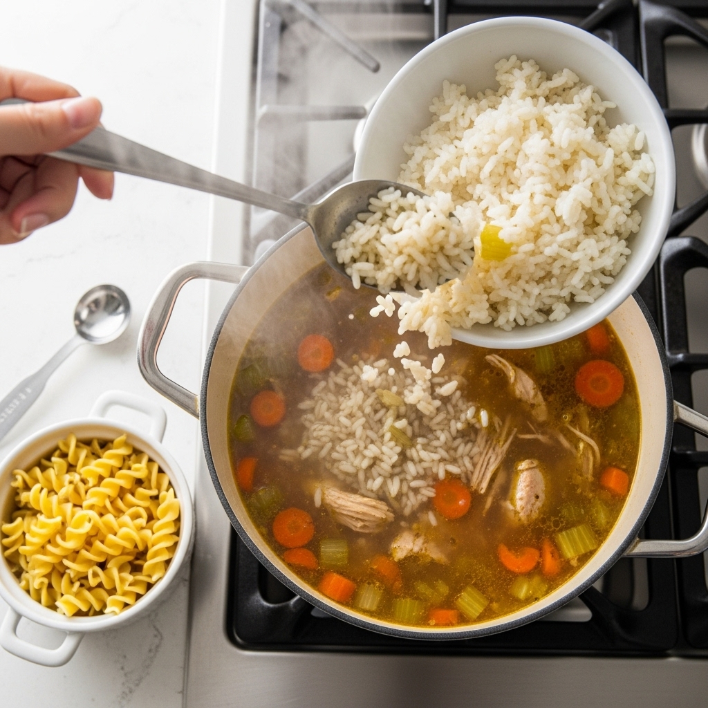 Adding cooked rice, noodles, or barley to make the Best Turkey Soup Recipe heartier and more filling.