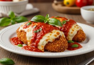 Baked chicken parmesan, crispy chicken, melted mozzarella, marinara sauce, fresh basil, Italian cuisine, comfort food, gourmet dinner, premium food photography, cinematic lighting, vibrant colors, wooden table, high-resolution, restaurant-quality meal, cozy Italian kitchen, delicious dinner idea, easy homemade recipe.