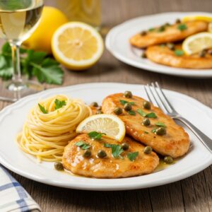 Overhead view of a chicken piccata recipe plated with golden chicken cutlets, lemon slices, capers, and parsley over pasta on a rustic wooden table.