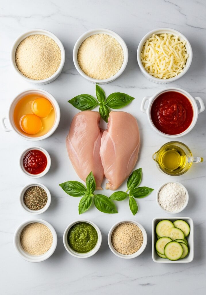 baked Chicken parmesan recipe ingredients, baked chicken recipe, raw chicken breasts, panko breadcrumbs, parmesan cheese, mozzarella cheese, marinara sauce, eggs, flour, olive oil, basil leaves, herbs, sriracha, pesto, gluten-free breadcrumbs, zucchini, flat-lay photography, minimalistic food layout, natural lighting, clean food prep, high-resolution food photography, organized cooking ingredients, meal prep inspiration.
