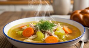 A warm bowl of Jewish chicken soup with golden broth, tender chicken, and fresh dill — the ultimate comfort food for healing and family gatherings.