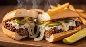 A freshly made Ground Beef Philly Cheesesteak with melted cheese on a toasted hoagie roll.