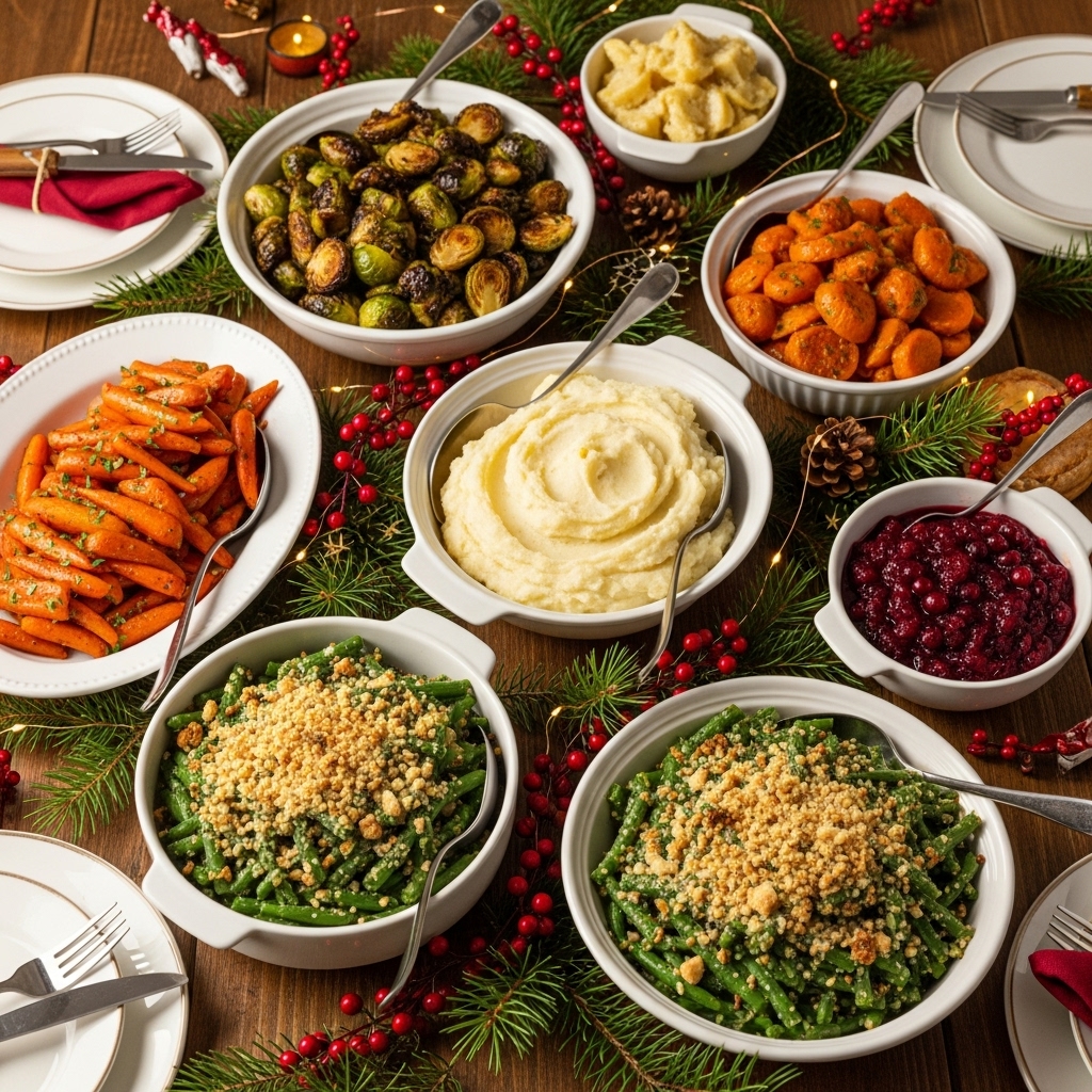 Christmas dinner table with 30 colorful side dishes including mashed potatoes, green beans, roasted carrots, and cranberry sauce with holiday decorations
