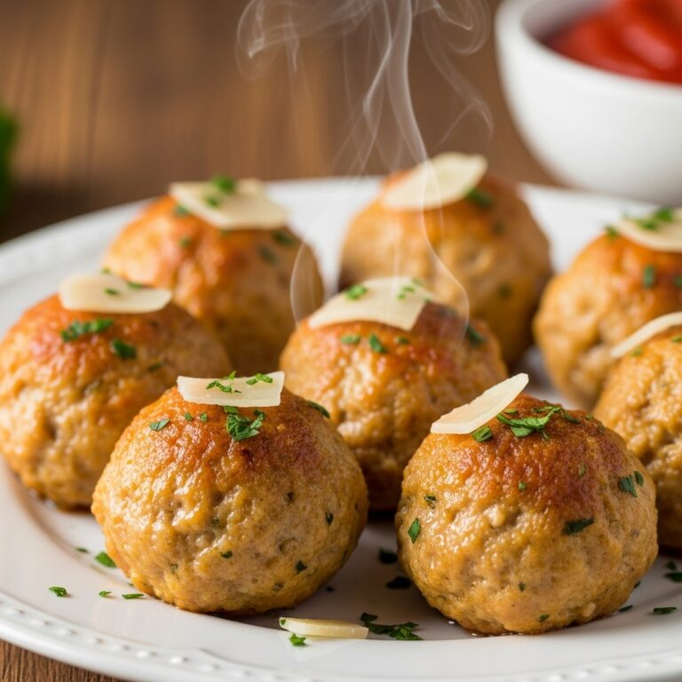 A bowl of juicy, baked chicken meatballs in marinara sauce.