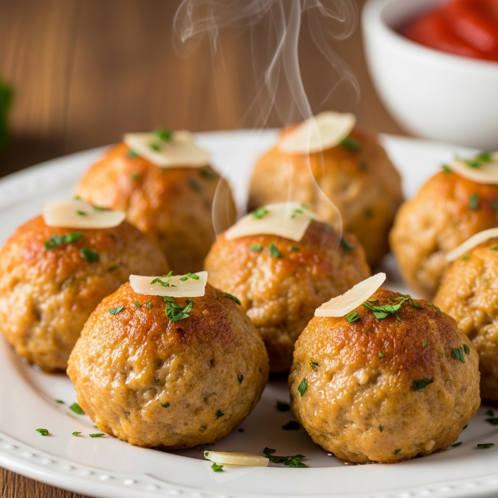 A bowl of juicy, baked chicken meatballs in marinara sauce.