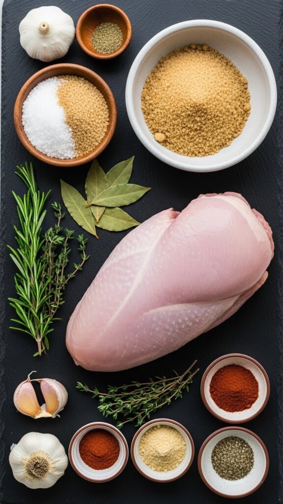 An overhead flat lay of all ingredients needed for the Smoked Turkey Breast Recipe, including a turkey breast, herbs, spices, and brine components.