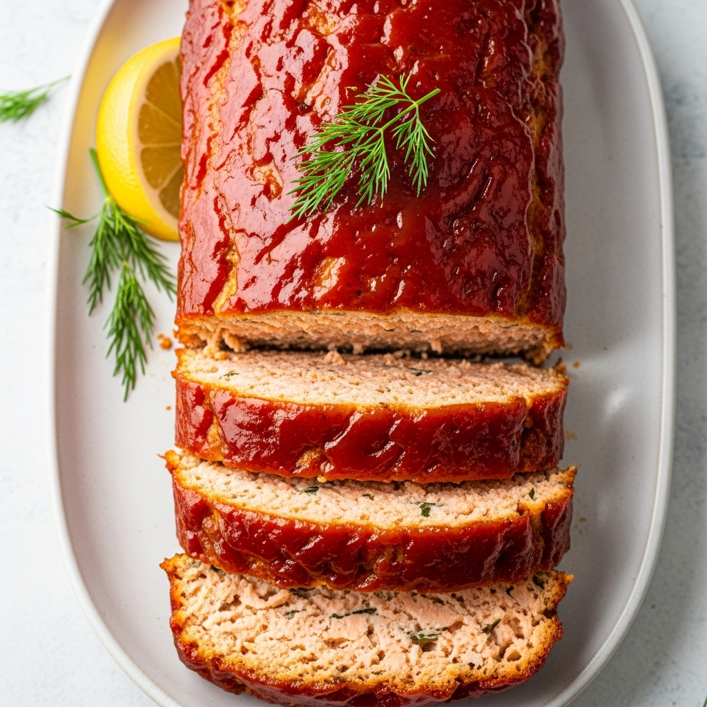 A moist, glazed salmon loaf recipe, sliced and ready to serve.
