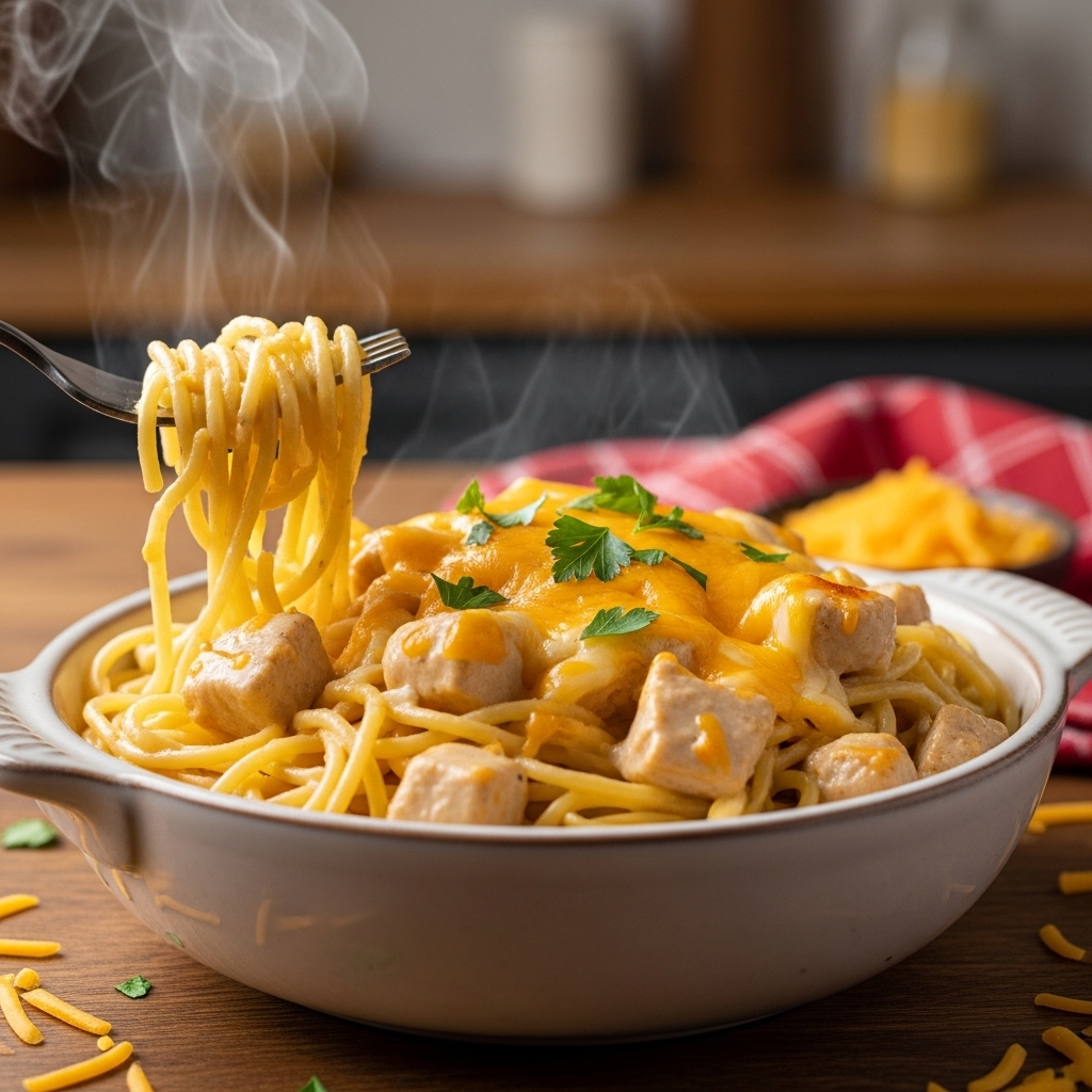This hero image showcases the final result of our creamy chicken spaghetti recipe - a comforting, cheese-covered pasta dish that looks as delicious as it tastes.