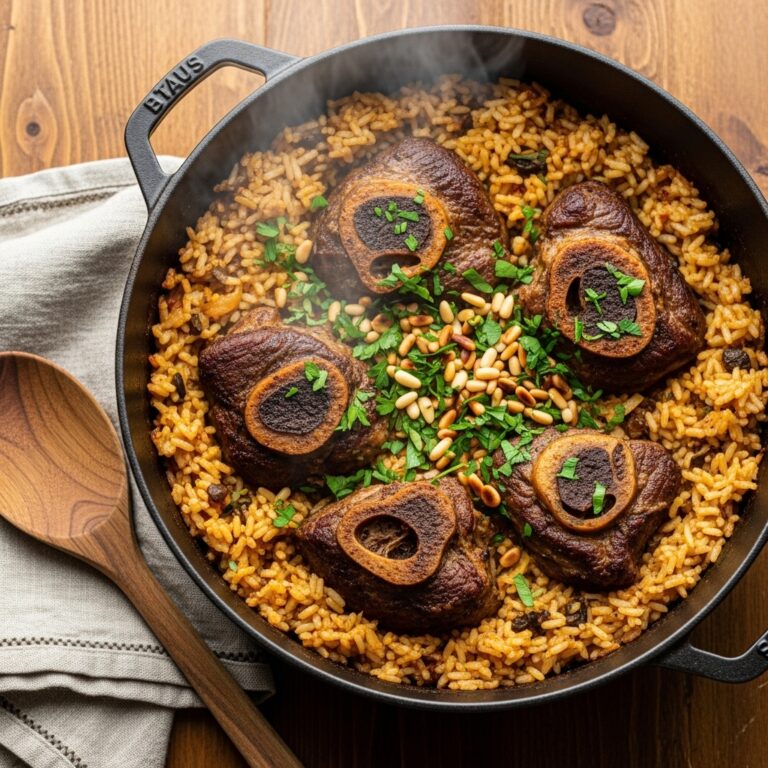 A hearty, finished Lamb and Rice Casserole in a cast iron pot.