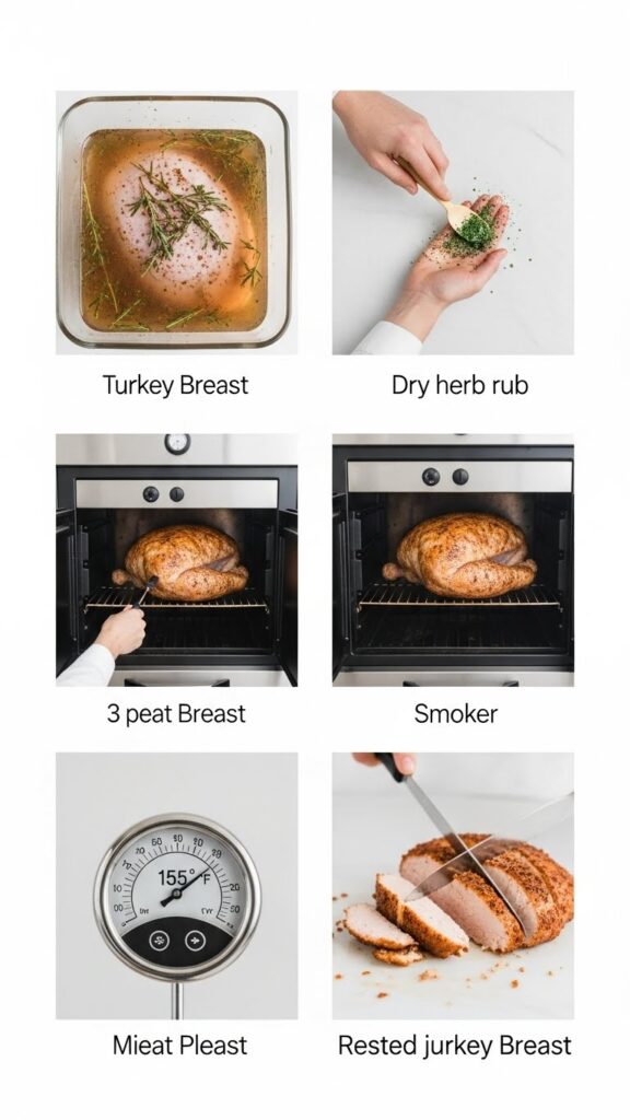 A five-panel visual collage showing the key steps for smoked turkey: brining, applying rub, smoking, checking temperature, and slicing.