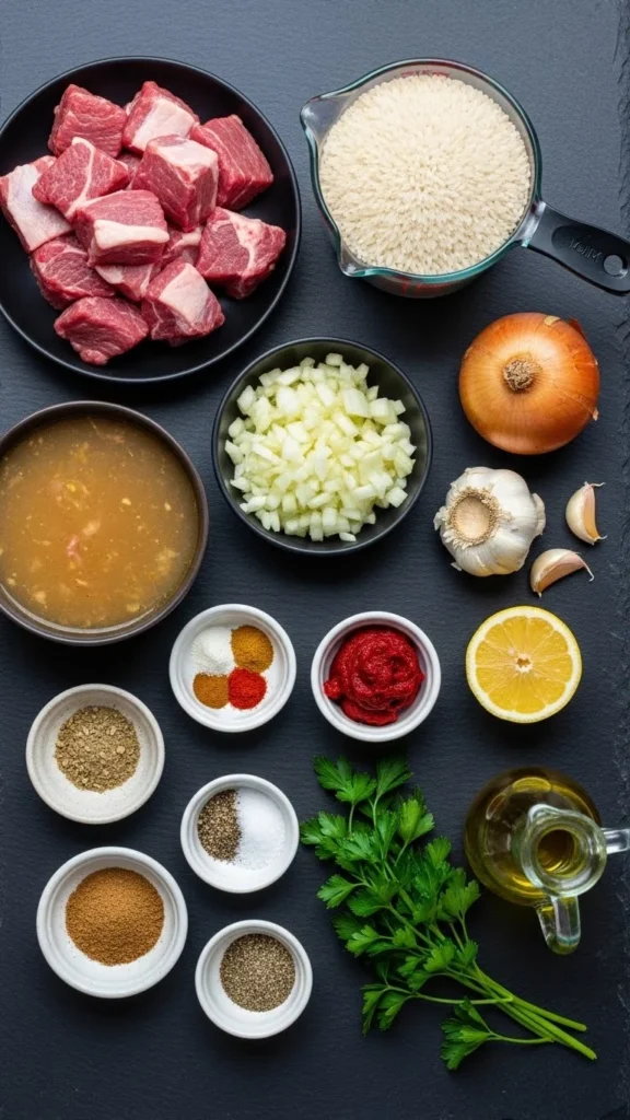 Ingredients for Lamb and Rice Casserole: lamb, rice, onions, garlic, spices, and stock.