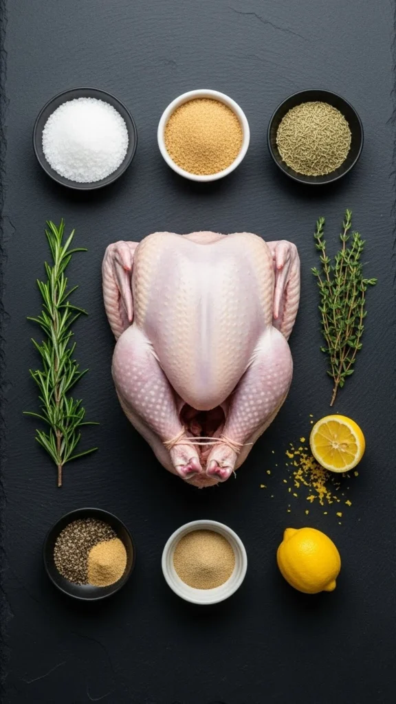 Clean, minimalist flat lay composition from above on a dark slate background. A raw, whole turkey (12-14 lbs) is centered