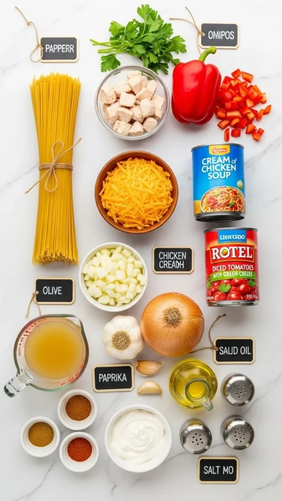 All the simple, everyday ingredients you need to create this delicious chicken spaghetti recipe - no exotic or hard-to-find items required.
